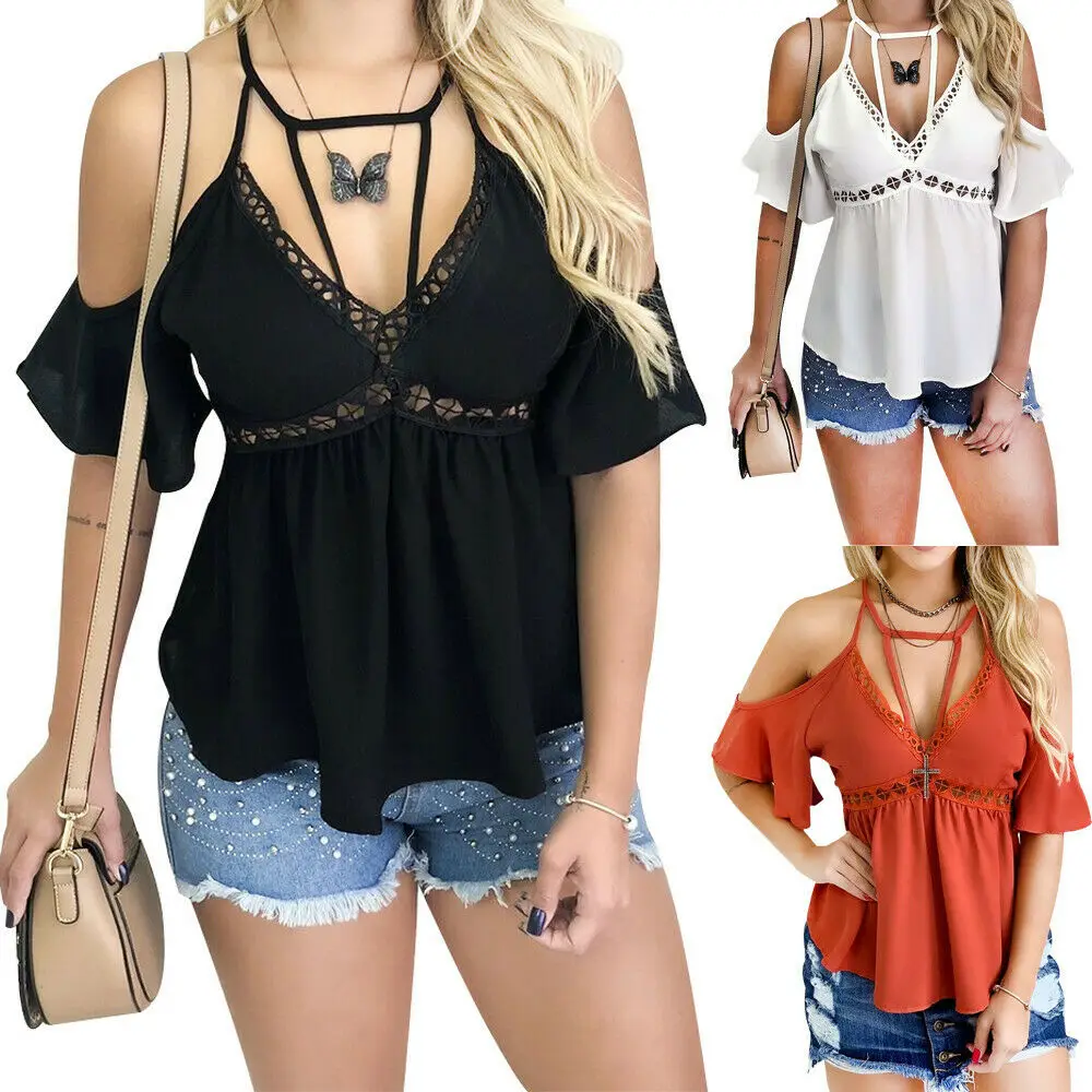 

New Women Ladies Sexy V Neck Fashion Summer Loose Tops Blouse Beach Unique Hollow Out Design Blouse Shirt Casual Holiday Wear