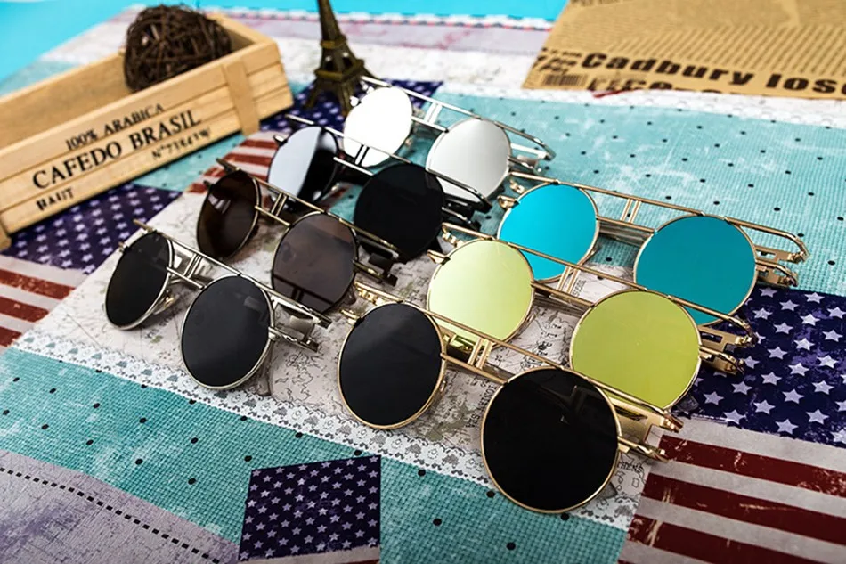 FEIDU ретро готические солнцезащитные очки в стиле стимпанк женские брендовые дизайнерские ретро с металлическим покрытием зеркальные Круглые Солнцезащитные очки Oculos De Sol Feminino