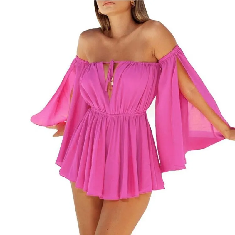 

Women Off Shoulder Chiffon Short Dresses Sexy Club Slash Neck Hollow Out Beach Dress Solid Lace Up Sexy Mini Dress