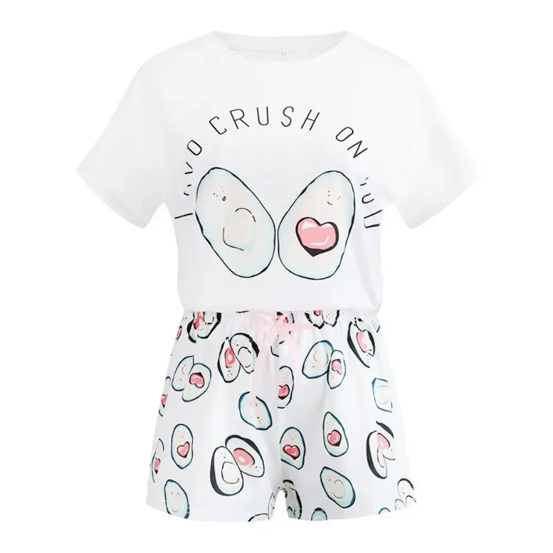 

Round Neck Print Cartoon Top And Bow Front Shorts Pajama Set 2019 New Woman Short Sleeve Casual Pajama Set