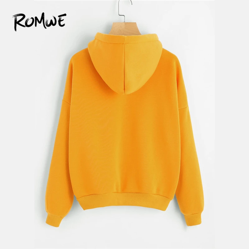  ROMWE Planet Print Drop Shoulder Hoodie Women Yellow Pullovers Spring Autumn Ladies Hooded Full Sle