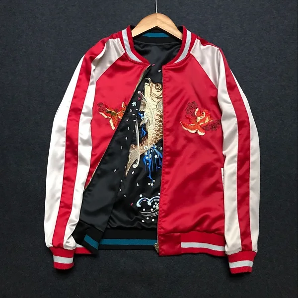 

Mens Satin Embroidery Fish Floral Reversed Souvenir Flight Jacket Japanese Sukajan Double Wear Slim Fit A787