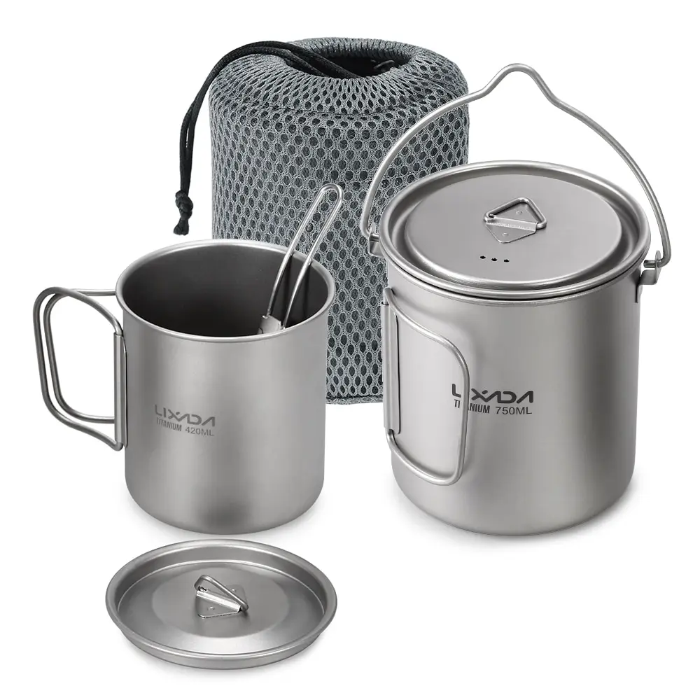 

# Lixada 3 Pieces Titanium 750ml Pot Camping Tableware 420ml Water Mug Folding Spork Outdoor Camping Cookware Set Hiking Picnic