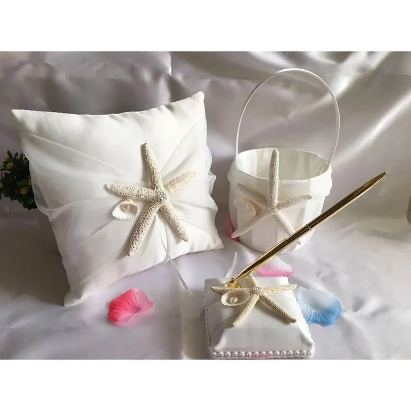 

Wedding Guest Book Pen Set Ring Pillow Girl Flower Basket Ivory Starfish Beach Party Supplies SDF-SHIP