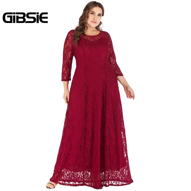 GIBSIE женское элегантное кружевное вечернее платье 6XL 5XL 4XL с круглым вырезом и рукавом 3/4, длинное платье макси размера плюс, женская одежда - Цвет: Красный