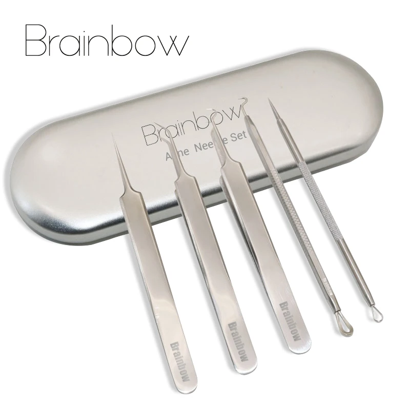 Brainbow 5 pz/scatola Migliore Comedone Extractor Tool Set Acciaio Acne Ago Pinzette Comedone e Comedone Acne Brufolo Extractor