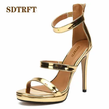 

SDTRFT ladies Platforms Stilettos 12cm thin high heels sexy Sandals Cross strap Gold RED pumps women wedding shoes US16 17 18 19
