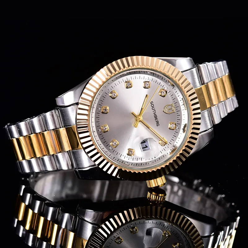 SOUTHBERG золотые серебряные часы для мужчин GMT вращающийся ободок сапфировое стекло нержавеющая сталь Ремешок Спортивные кварцевые наручные часы reloj relogio - Цвет: Белый