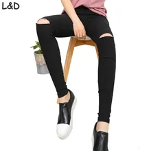 Высокие эластичные имитирующие обтягивающие джинсы для женщин с высокой талией рваные джинсы с дырками на коленях узкие брюки-Карандаш узкие Капри для женщин