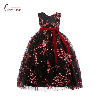 

MUABABY Children Girls Wedding Party V-Neck Princess Gress Mesh Ball Gown Plum Flowers Satin Sleeveless Bohemian Evening Dress