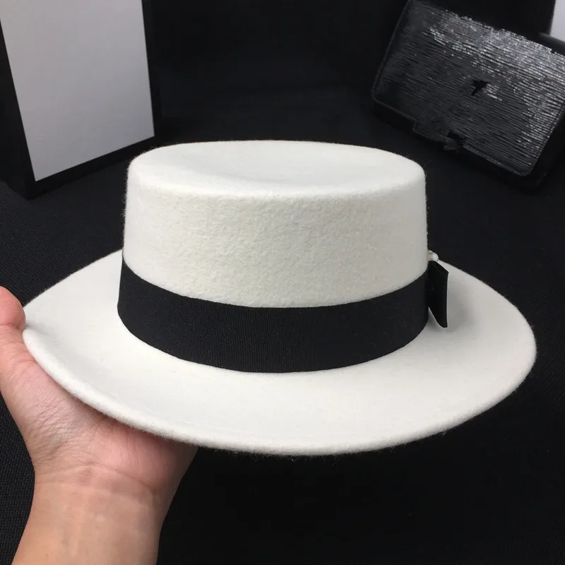 Зимняя женская шапка, шерсть, белая, новинка, бант, плоская шапка, перлита, шляпа, фетровая шляпа