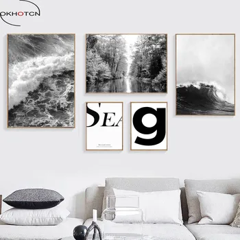

OKHOTCN No Framed Ocean Scenery Canvas Painting Nordic Posters White and Black Sea View For Living Room Wall Pictures Decor