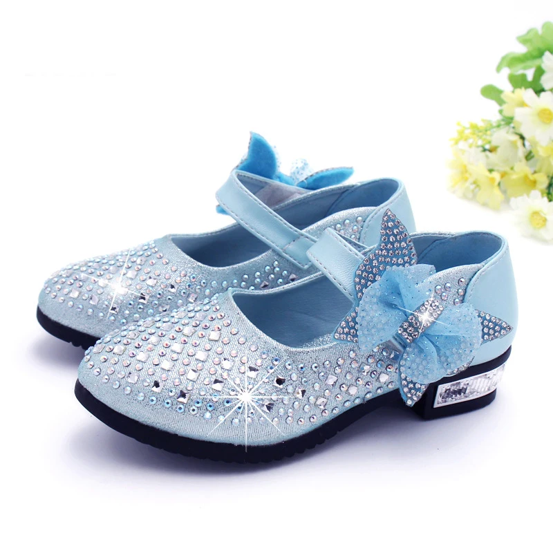 Принцессы Блёстки Кристалл Обувь для маленьких Обувь для девочек свадьбу танец бантом малыша Обувь из искусственной кожи милые школьные