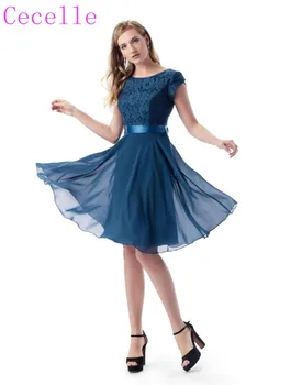 

2019 Slate Blue Short Modest Bridesmaid Dresses With Cap Sleeves Lace Chiffon A-line Rustic Beach Bridesmaid Gowns Custom Made