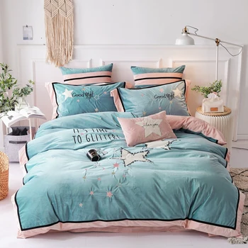 

4/7pcs Luxury Fleece fabric bedding sets stars embroidery bed set double queen king size duvet cover bed sheet set pillowcase