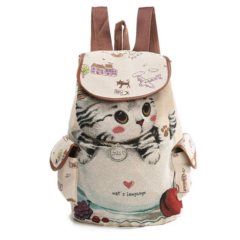

Fashion Canvas School Backpack Women Cute Cat Printed Drawstring Backpack Teenager Large Capacity Ladies School Bag