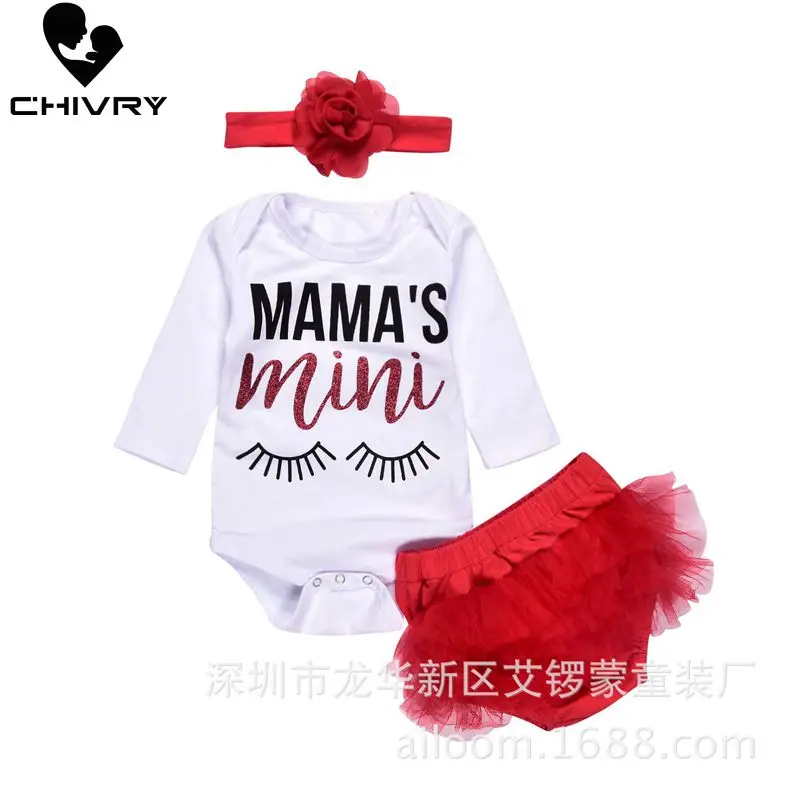 

Chivry 3Pcs NewBorn Baby Girls Long Sleeve Letter Bodysuit Rompers Tops + Red Shorts + Headbands Infant Baby Girls Clothing Sets