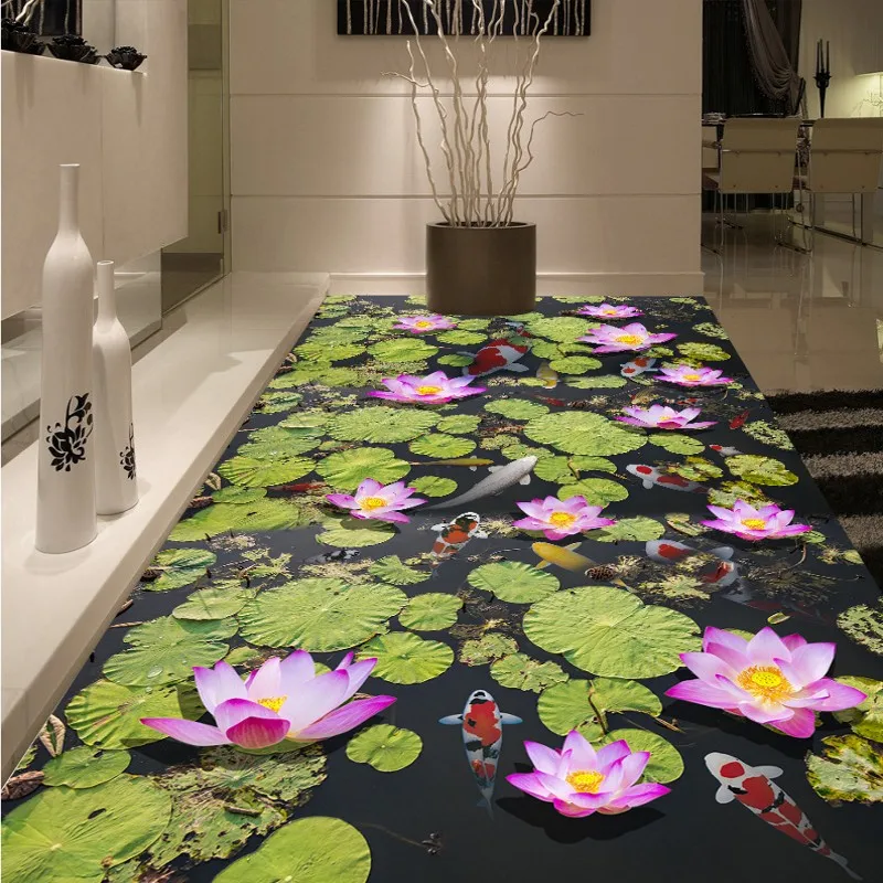 

Free Shipping HD carp lotus leaf flooring painting bathroom library decorative self-adhesive floor mural wallpaper