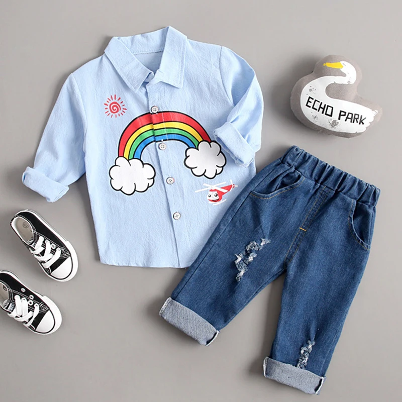 

Infant Kids Clothing Spring Autumn Baby Boys Fashion Clothes Rainbow Lapel Shirt Holes Jeans 2Pcs/Set Toddler Casual Child Suits