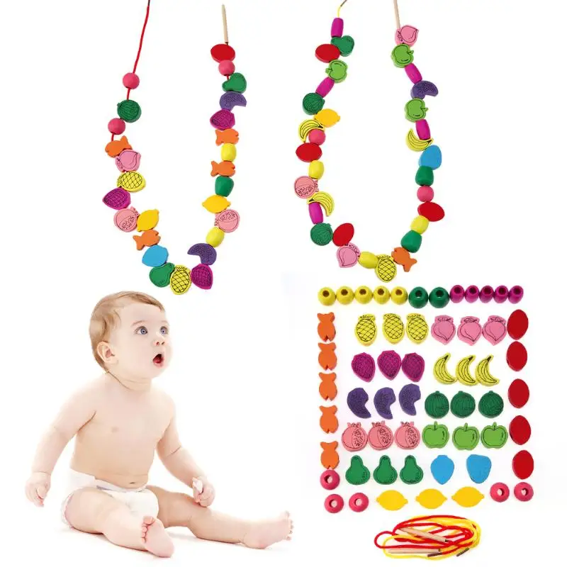 60pcs/lot Kids Fruit Bead Wooden Stringing Toys Kit Children Threading