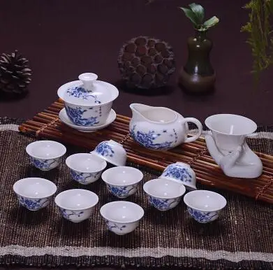 14 шт. чайный набор для путешествия, китайский портативный керамический чайный сервиз из костяного фарфора, чайная чашка из фарфора, чайный сервиз Кунг-фу - Цвет: Синий