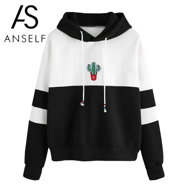 

Anself Women Hoodies Hooded Sweatshirt Color Splicing Long Sleeves Front Pockets Pullover Outwear 2019 Korean Fashion Hoodie
