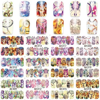 WUF 1 Sheet Charming Feathers Dream Catcher Nail Art Water Tattoo Design Nails Flowers Water Transfer Decals A1309-1320