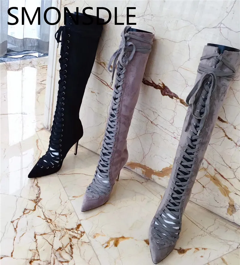 

SMONSDLE New Fashion Over The Knee Women Boots Shoes Woman Black Kid Suede Pointed Toe Thin High Heel Women Autumn Winter Boots