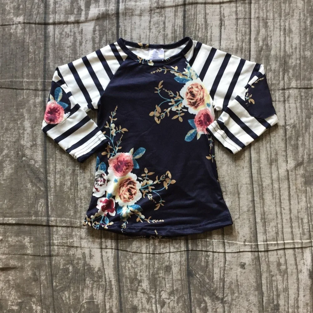 

baby girls Fall/ Autumn raglans girls navy top floral raglans stripes long sleeve raglans children girls soft floral raglans