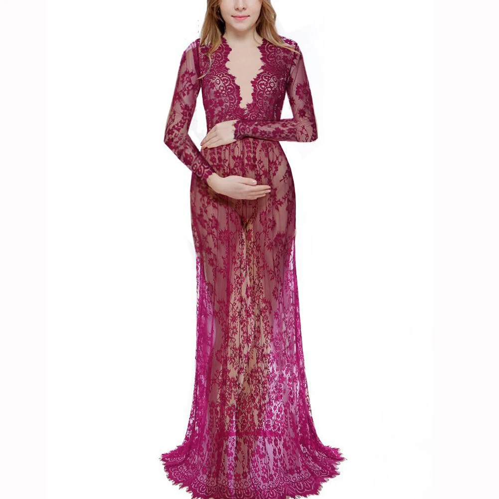 Женское Прозрачное цветочное элегантное кружевное длинное платье с v-образным вырезом сексуальное Макси осеннее Черное вечернее платье с длинным рукавом Vestidos - Цвет: Фиолетовый