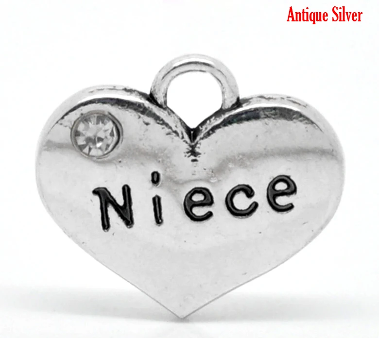

DoreenBeads Zinc Metal Alloy + Rhinestone Charm Pendants Heart Antique Silver Message" Niece " White Rhinestone 16mmx14mm,2 PCs