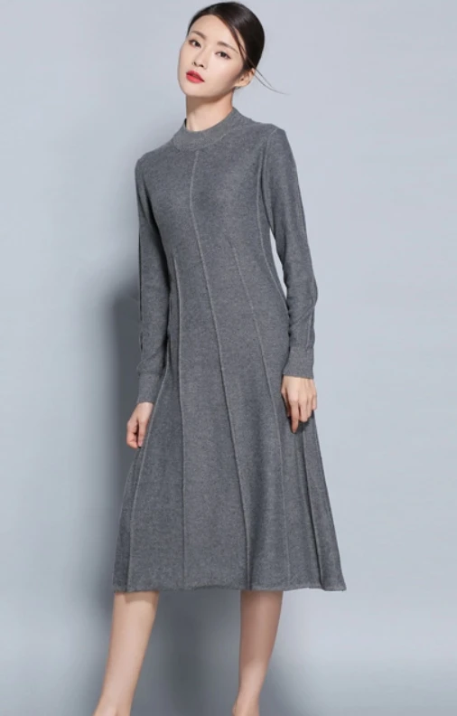 Hot Sale Women Dress Cashmere Blend Knitting Dresses Winter Warm Oneck Woman Knitwear Longer Woolen Woman's Gown Girls Clothing