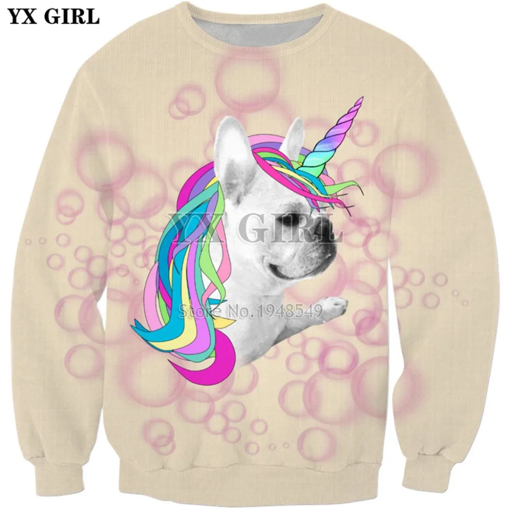 

YX GIRL Drop shipping 2018 New Fashion Sweatshirt cute French Bulldog Unicorn 3D Print Men's Women's Casual O-Neck pullovers