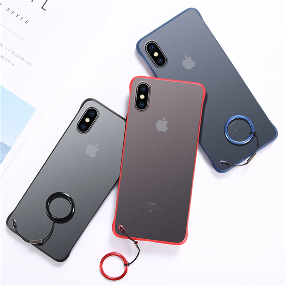 

Matte Finger Ring Phone Case for iPhone 11 Pro X XR Xs Max 8 7 6 6S Plus Lanyard Rope Rimless Cases Full Protective Cover