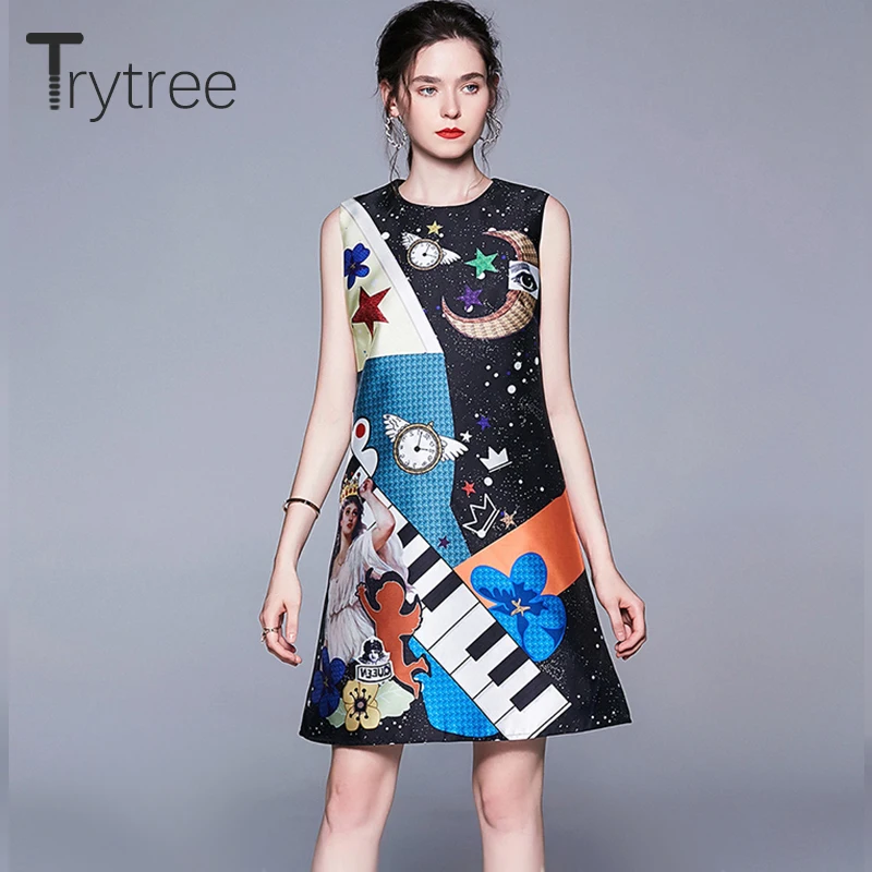 

Trytree 2019 Summer Dress Women Casual Fashion Print O-Neck Sleeveless High Street Dresses Polyester A-Line Mini Elegant Dress