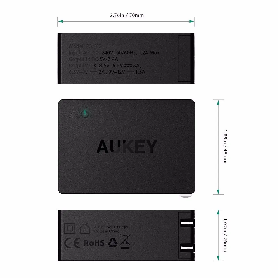 Зарядное устройство AUKEY 2 USB type C Quick Charge 3,0, портативное настенное быстрое зарядное устройство, двойное USB, для путешествий,, быстрый кабель USB C to C, быстрая зарядка