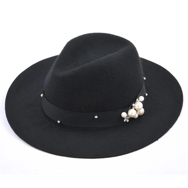 2017 Brand women's Pearls Fedora black truly 100Wool Hat For noble