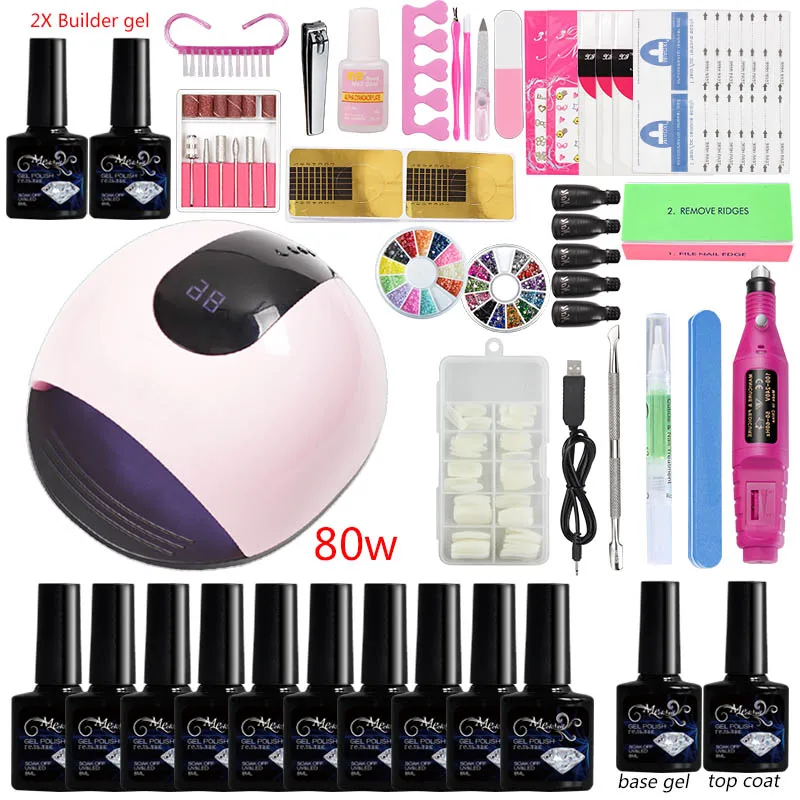 

36w/48w /80w Led Uv Lamp Nail Builder Gel Polish Set Extension Kit 10 Color Gel Nail Polish Set Supplies for Professionals Tool
