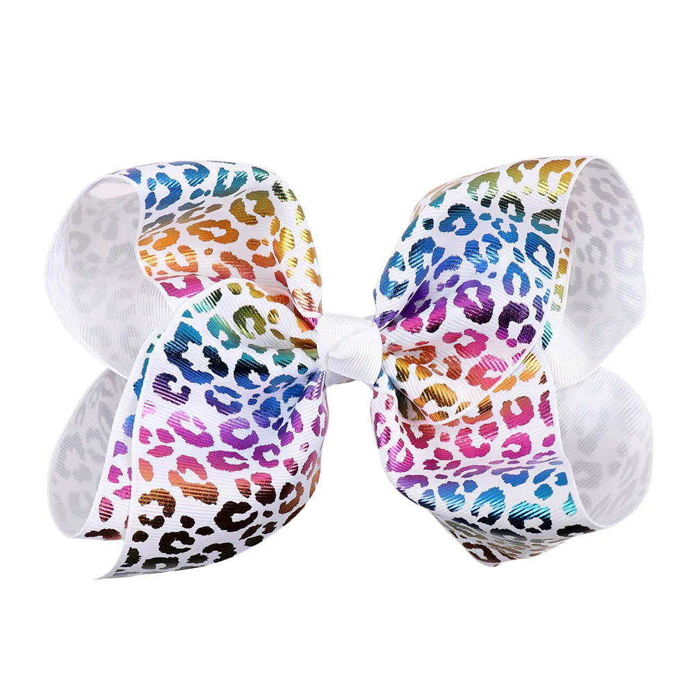 

7" Rainbow Leopard Hair Bow With Hair Clips For Girls Kids Handmade Large Printed Denim Ribbon Knot Jumbo Bows Hair Accessories