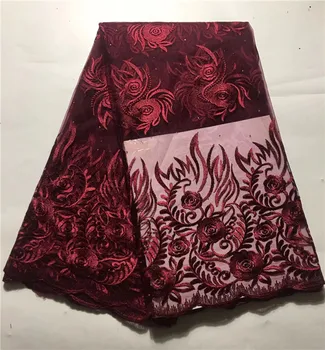 

2019 New Design Wine Red African Mesh Lace Fabric High Quality Nigeria French Net Lace 2019 With Stones For Women(JY-2-19