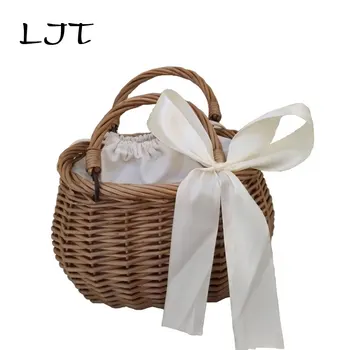 

LJT Handmade Rattan Woven Bag Braided Hollow Out Beach Basket Straw Handbag Small Round Tote Bags for Summer Travel Top-Handle
