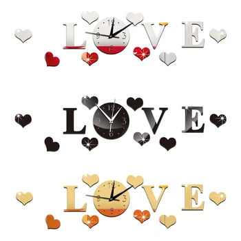 

3D Wall Clock Mirror Sticker Mute Love Heart DIY Home Office Decoration TB Sale