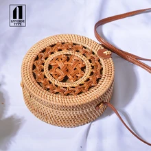 Summer Bali Hand Woven Women Rattan Bag Round Shoulder Crossbody Bags Beach Straw Bag leather buckle 20x20cm straw Messenger bag dcos ins new ladies hand woven bag round rattan retro literary hand woven leather buckle package bohemia beach messenger bag