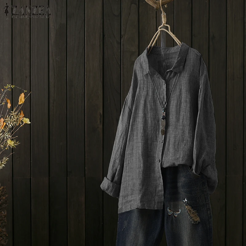 

Women Striped Shirt ZANZEA 2019 Autumn Top Vintage Turn Down Collar Blouse Office Ladies Casual Long Sleeve Cardigans Plus Size