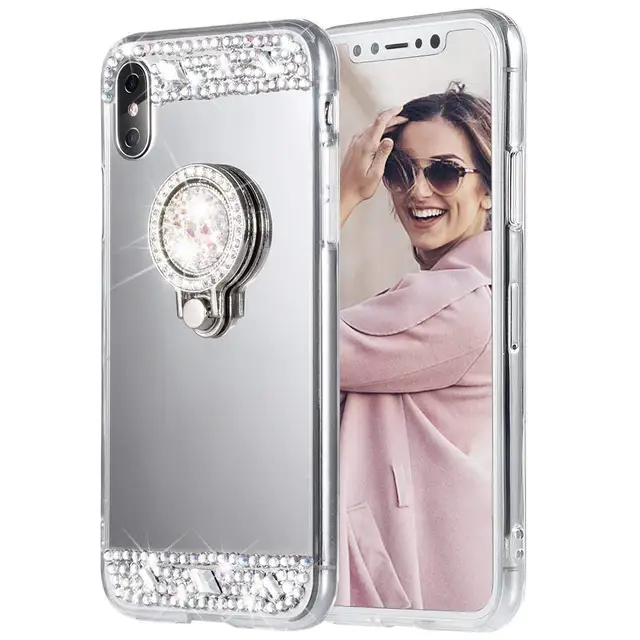 Dir-Maos For iPhone Xs Max Case Xr X 8 7 6 6s Plus 5 5s SE Women Mirror Back Panel Soft Cover Bling Finger Ring Stand Hold Cute