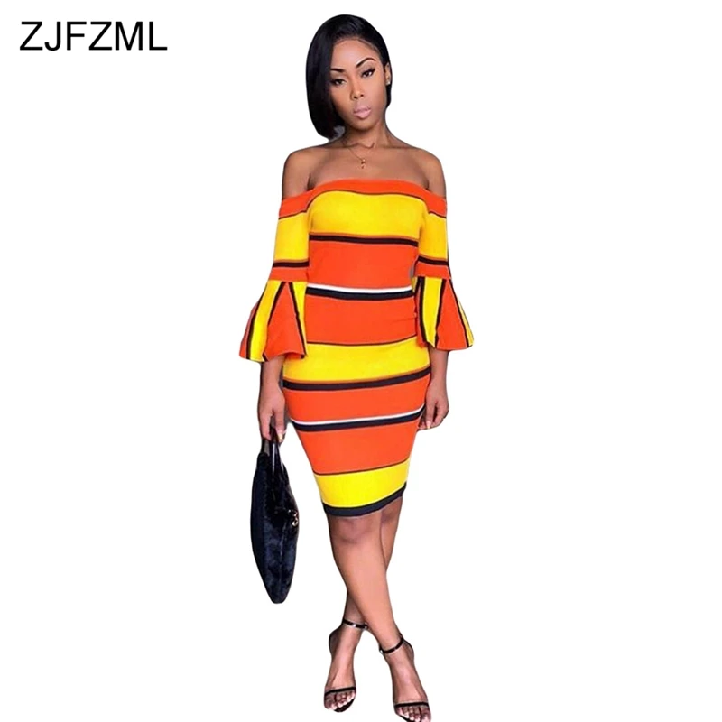 

Yellow Orange Stripe Sexy Bandage Dress Women Slash Neck Long Flare Sleeve Bodycon Dress Casual off Shoulder Backless Mini Dress