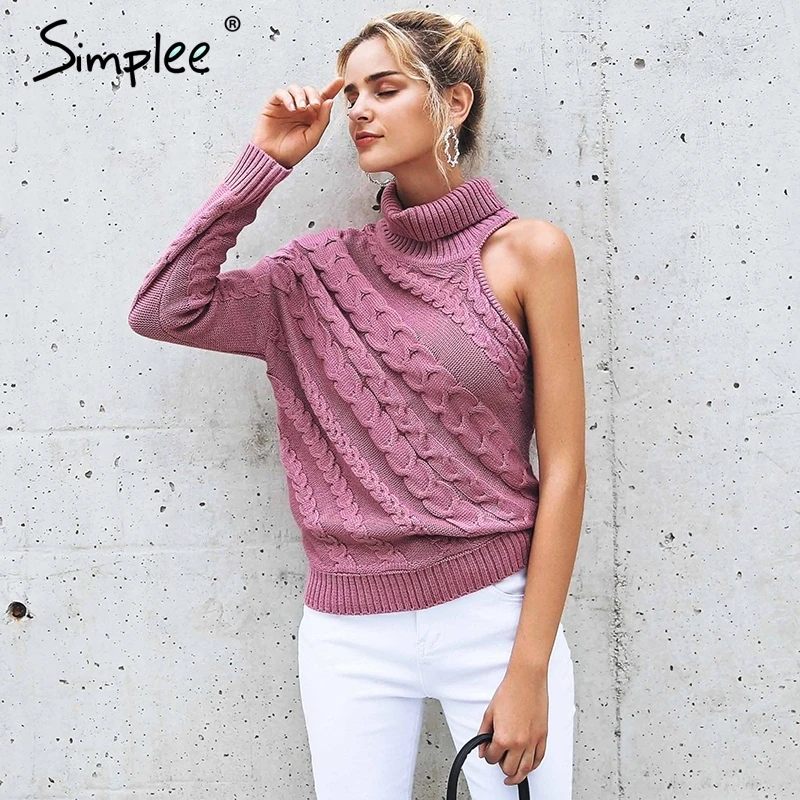 Simplee الياقة المدورة واحد الكتف محبوك سترة المرأة الأزياء تويست البلوفرات الإناث مثير الخريف الشتاء سترة شارع العليا 2018