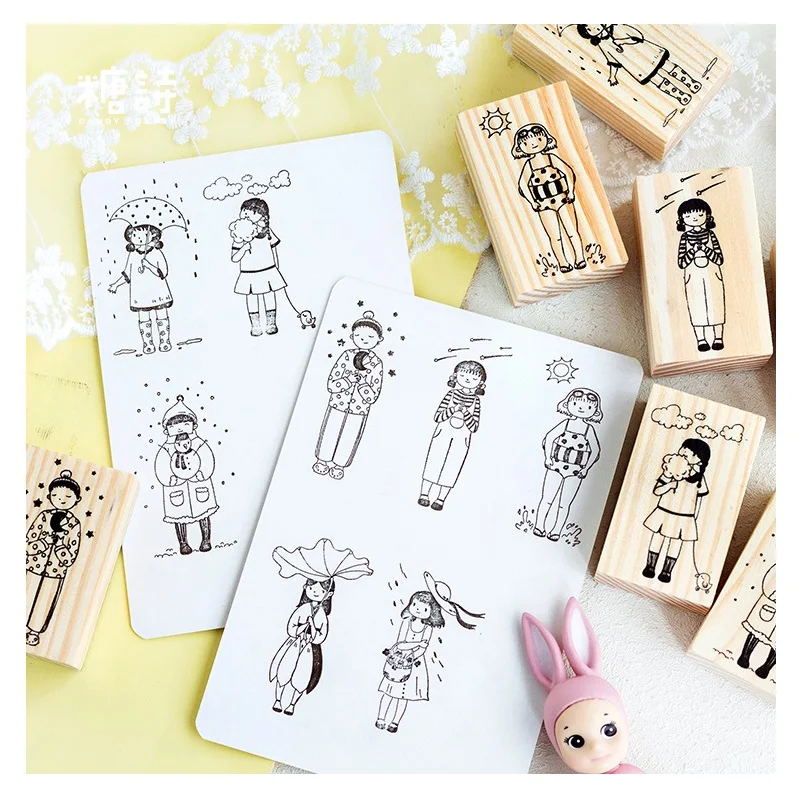 

Cute Girl Good Weather Series Wooden Rubber Stamp Photo Album Scrapbooking Diary Craft Wax Seal Stamp Christmas Gift