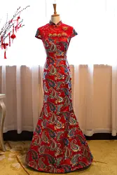 Вышивка красное китайское традиционное платье для Вечеринка леди рыбий хвост свадебное платье Qipao Для женщин Длинные платье Чонсам 89