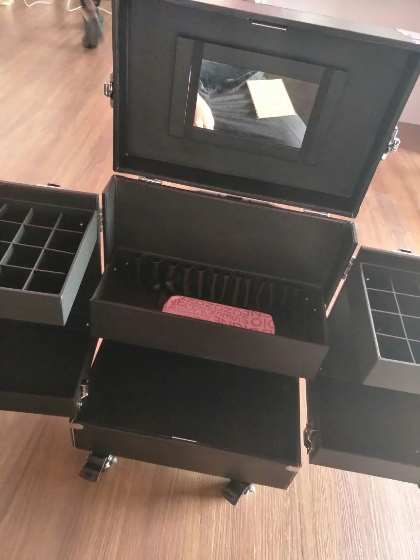 Алюминий тележка косметичка с зеркалом Красота коробка Профессиональный проката составляют черный и красный цвета 37x24.5x48 см